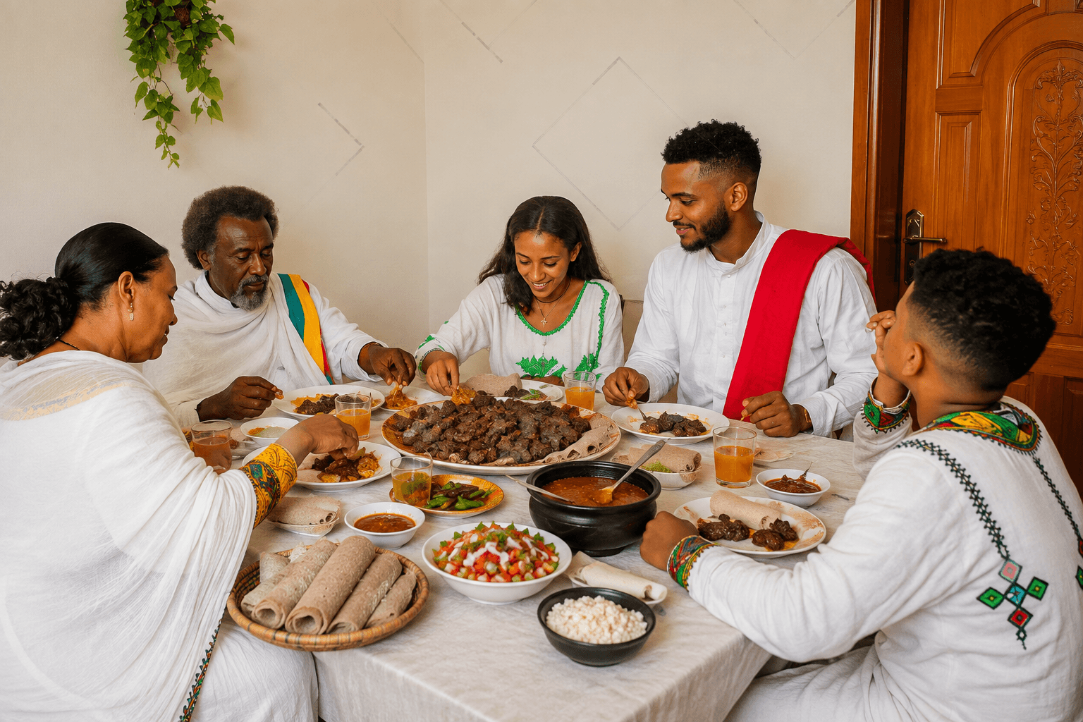 Traditional Ethiopian communal meal with Injera
